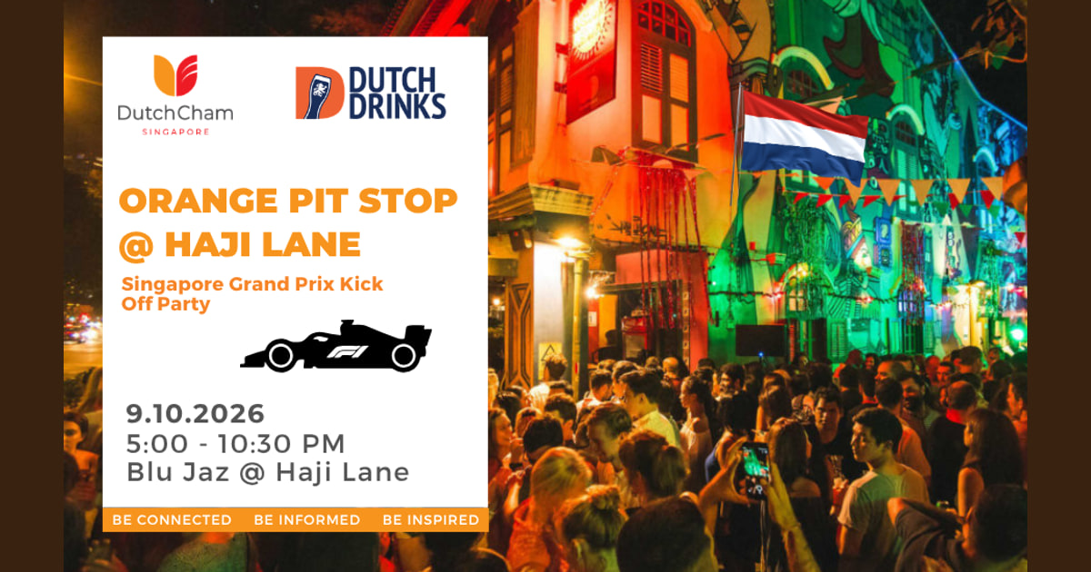 Orange Pit Stop banner with 9 October 2026 details and a Haji Lane street-party photograph